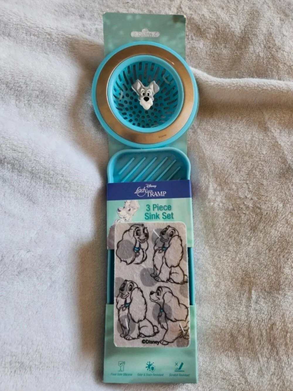 Disney Lady and the Tramp 3 Piece Sink Set Strainer Sponge New NWT Blue